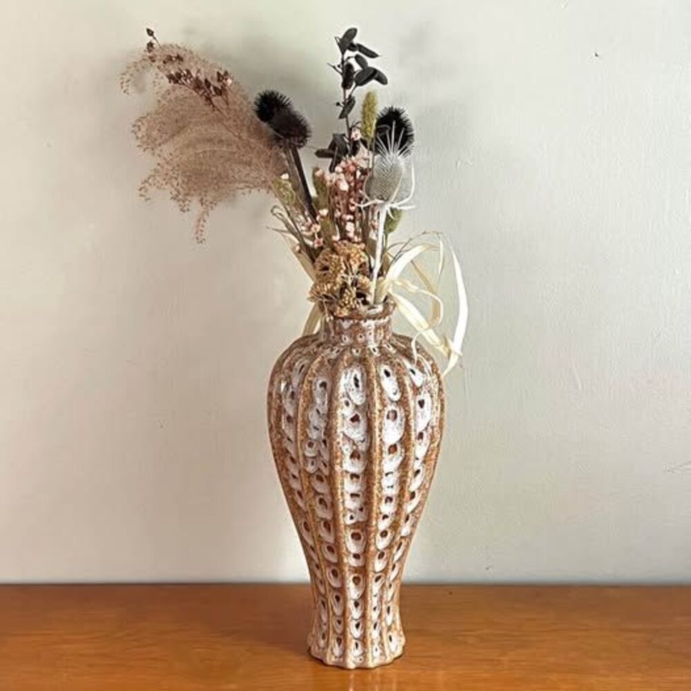 Vintage Ceramic Vase, Brown & White